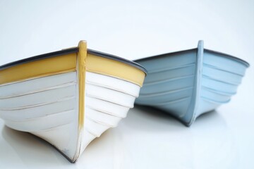 Two boats sit atop a white surface, potentially a lake or ocean