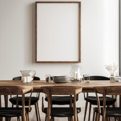 A wooden dining table with a white wall behind it. There are six chairs around the table. A vase with flowers is on the table