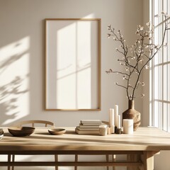 A table with a vase of flowers and candles on it. A white framed picture is on the wall