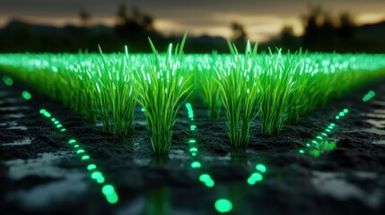 Futuristic rice farming with AI-powered monitoring, glowing holographic agricultural data, cyber agriculture