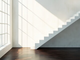 Obraz premium A staircase is in a room with a window. The staircase is white. The room is empty