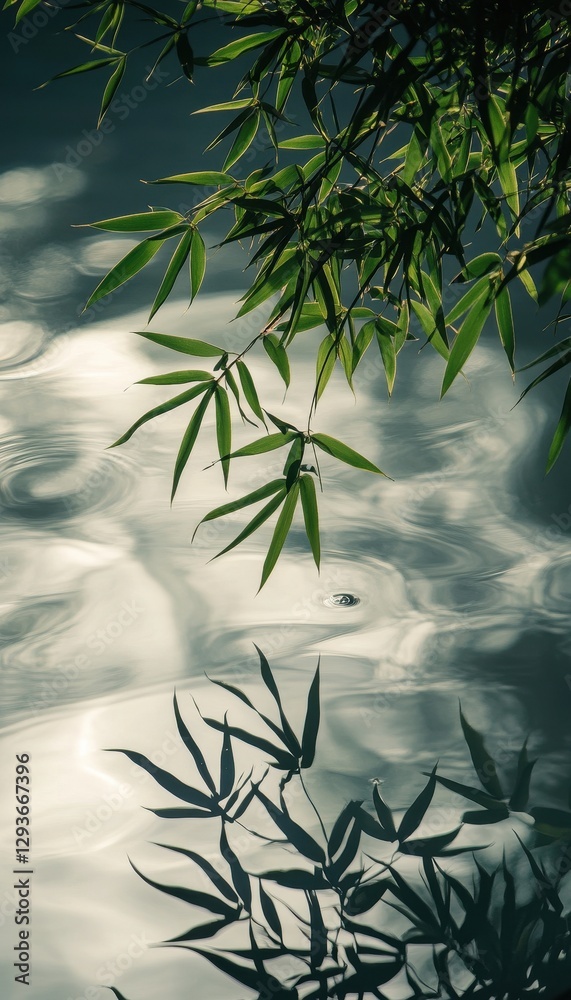Aufkleber serene reflection of bamboo leaves in calm water