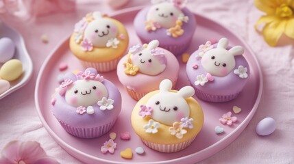 Kawaii-style Spring Muffins with Easter Charm: Adorable Spring Muffins in full kawaii style, decorated with pastel-colored icing in soft pinks, yellows, and purples. bunny faces,  sugar eggs, 