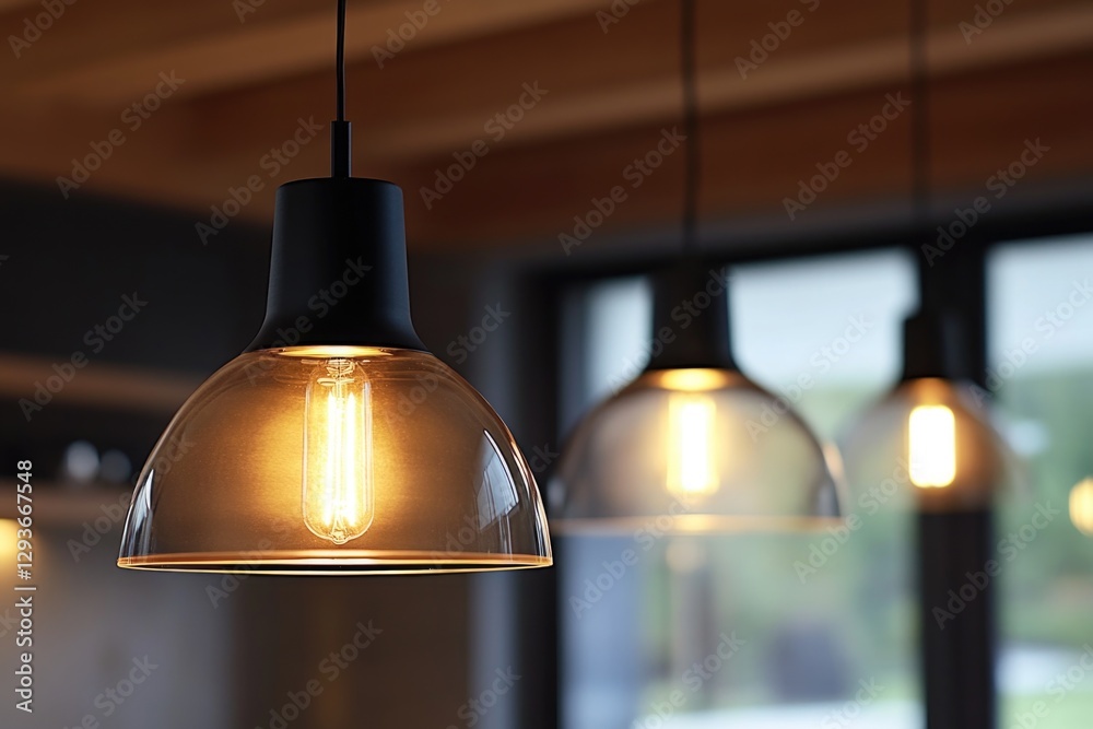 Poster A row of lights suspended from a ceiling, ideal for use in event spaces or interior design