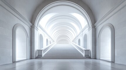 Fototapeta premium Grand White Archway Staircase, Elegant Architectural Hallway, Perfect for Background Use