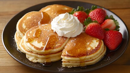 Stack of pancakes topped with whipped cream and strawberries