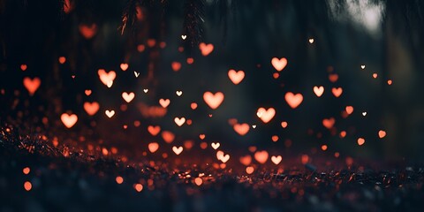 Magical Heart Shaped Lights Floating in Dark Forest Night Romantic Valentine s Day Background