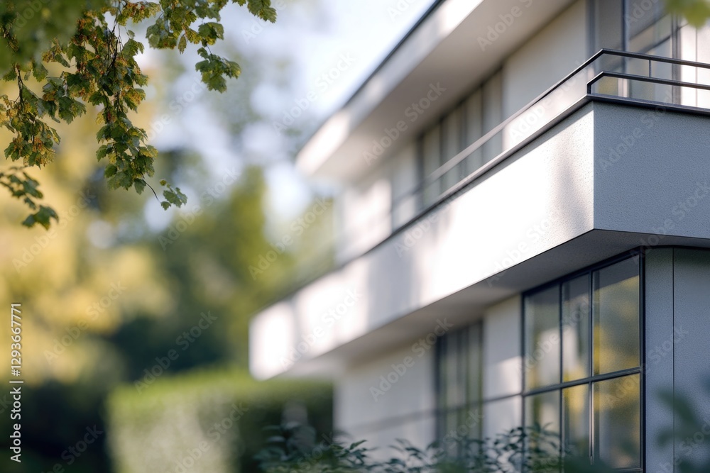 Poster a modern white building with a black balcony and multiple balconies
