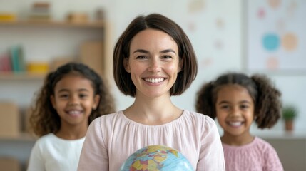 Smiling Elementary Teacher Showing Globe to Diverse Eager Students as They Point to Countries and Discuss Geography Lesson in Bright Classroom Setting