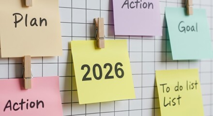 A close-up of 2026 sticky notes attached to a grid board with wooden clips. The notes display words like "Plan," "Action," "Goal," and "To Do List," 