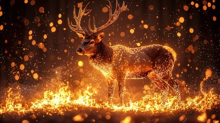 Majestic deer in fiery forest at night
