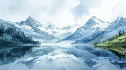 A painting of a mountain range with a lake in the foreground