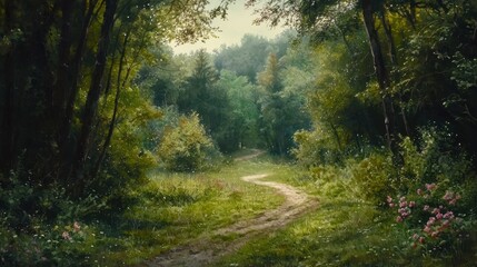 Fototapeta premium A painting of a forest path with a road running through it