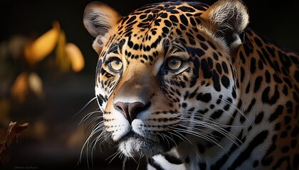 Naklejka premium Jaguar Panthera onca in Amazon Rainforest Majestic Big Cat Stalks Through Vibrant Greenery at Dusk, Showcasing Power and Grace amidst Tropical Flora and Fauna.