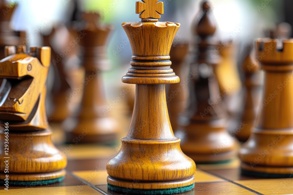 Poster a detailed view of wooden chess pieces and squares