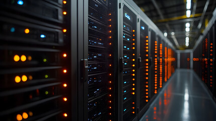 Digital Infrastructure: A visually captivating view down the aisle of a bustling server room, filled with rows of powerful server racks glowing, symbolizing the backbone of modern technology.