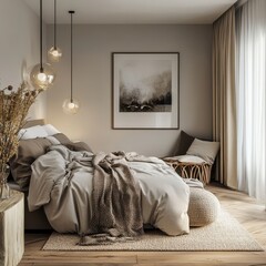 A modern and comfortable bedroom design with soft earthy tones