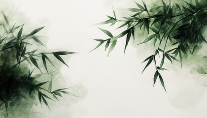 Serene Watercolor Painting of Bamboo Leaves and Branches