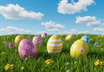 Fototapeta premium Decorated Easter Eggs in a Spring Meadow Under a Clear Sky