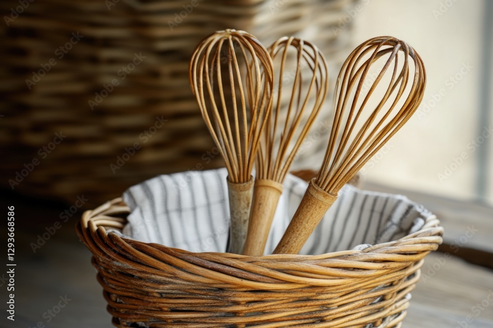 Poster Two whisks lying on a wooden table in a woven wicker basket, ready for use