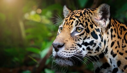Fototapeta premium Spotted Majestic Jaguar Roaming the Amazon Rainforest, Camouflaged Amongst Greenery and Glowing Golden under the Fading Sunlight, Capturing the Wild Beauty of Natures Hidden Gem.