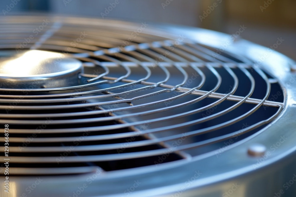 Poster A close-up view of a metal fan on a table, suitable for use in technology or product-related contexts