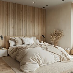 A bedroom with a bed and a wooden accent wall