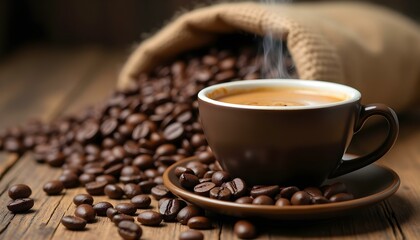 Fototapeta premium Coffee cup with steam, roasted coffee beans, wooden table