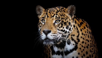 Obraz premium Isolated Jaguar in Darkness Majestic Felid Gazes Intently Amidst Shadows, Vibrant Eyes Radiating Mystique and Power.