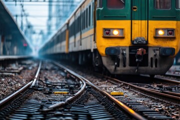 Train traveling down tracks with green and yellow colors