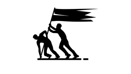Hero soldiers try to raise flag, black isolated silhouette