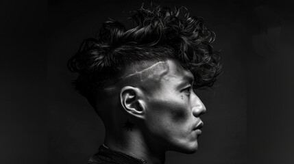 A close up of a man showcasing a striking curly hairstyle complemented by a buzzed side and intricate shaved designs. The dim lighting emphasizes facial features and hairstyle.