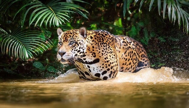 Jaguar in Amazon Rain Forest Vigilant Sovereign amidst Lush Greenery and Rich Biodiversity, Amazonias Majestic Beauty Captured in a Moment