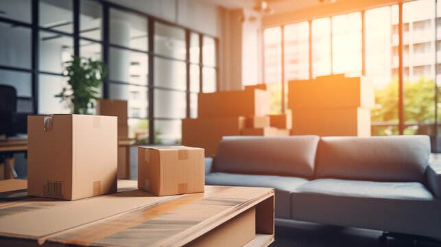 Déménagement dans des bureaux, locaux professionnels. Cartons, boîte de rangement. Business, travail, intérieur. Pour conception et création graphique.