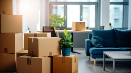 Déménagement dans des bureaux, locaux professionnels. Cartons, boîte de rangement. Business, travail, intérieur. Pour conception et création graphique.