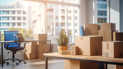 Déménagement dans des bureaux, locaux professionnels. Cartons, boîte de rangement. Business, travail, intérieur. Pour conception et création graphique.