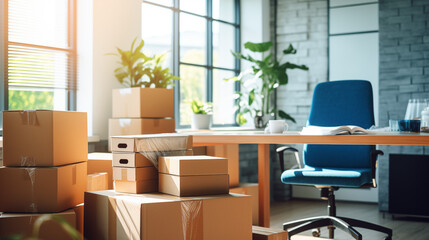 D&eacute;m&eacute;nagement dans des bureaux, locaux professionnels. Cartons, bo&icirc;te de rangement. Business, travail, int&eacute;rieur. Pour conception et cr&eacute;ation graphique.