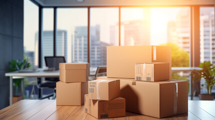 Déménagement dans des bureaux, locaux professionnels. Cartons, boîte de rangement. Business, travail, intérieur. Pour conception et création graphique.