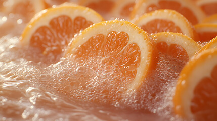 Citrus Infusion: Slices of fresh orange fruits immersed in a bubbling liquid, capturing a moment of pure citrus essence, offering a vibrant, refreshing visual appeal