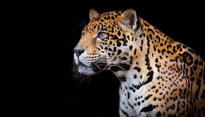Naklejka premium Black Background Jaguar Portrait Majestic Felid Captured in Striking Contrast with Elegant Grace and Intense Vigilance at Twilight