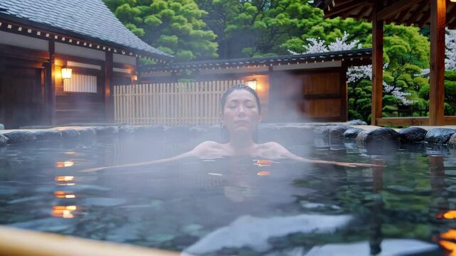 Japanese Woman in a Traditional Ryokan Onsen: A Serene Outdoor Bath Under the Cherry Blossoms