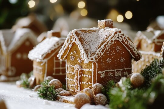 A detailed view of a gingerbread house on a festive holiday table