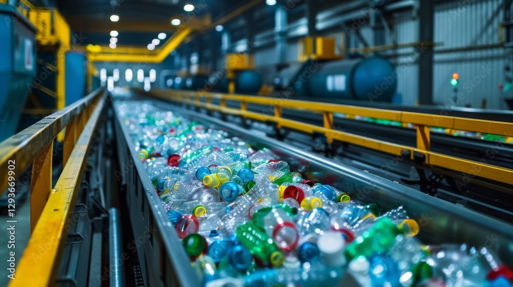 Fototapete plastic bottles are being sorted on a conveyor belt in a recycling facility. workers oversee the pro