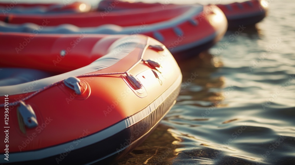 Poster a row of inflatable boats floating on the surface of a peaceful lake, perfect for relaxation or recr
