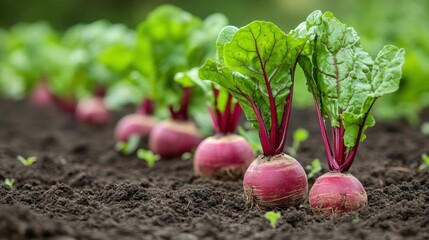 Green leaves and burgundy stems of beets thrive in garden soil during summer months