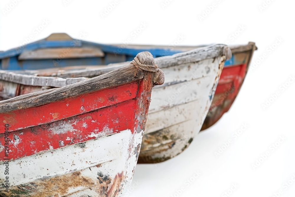 Poster winter scene with two boats resting on snowy terrain, ideal for editorial use