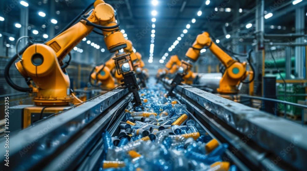 Leinwandbilder advanced robotic arms work diligently to separate and sort plastic bottles on a conveyor belt in a r