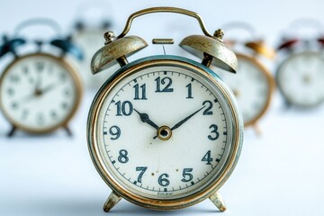 A collection of alarm clocks placed side by side, often used for decorative or thematic purposes