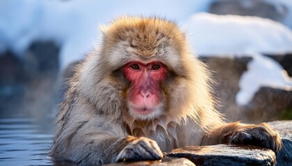 Naklejka premium Japanese Snow Monkey Macaque Enjoying Warm Onsen in Jigokudan Park, Relaxing Amidst Winters Chilly Gaze as Steam Rises, Capturing the Harmony of Nature and Culture in a Picturesque Winter Scene.