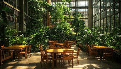Fototapeta premium Sunlit Indoor Garden with Wooden Tables and Chairs